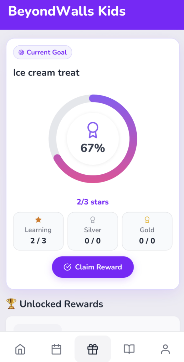 Child viewing rewards in the BeyondWalls Kids app